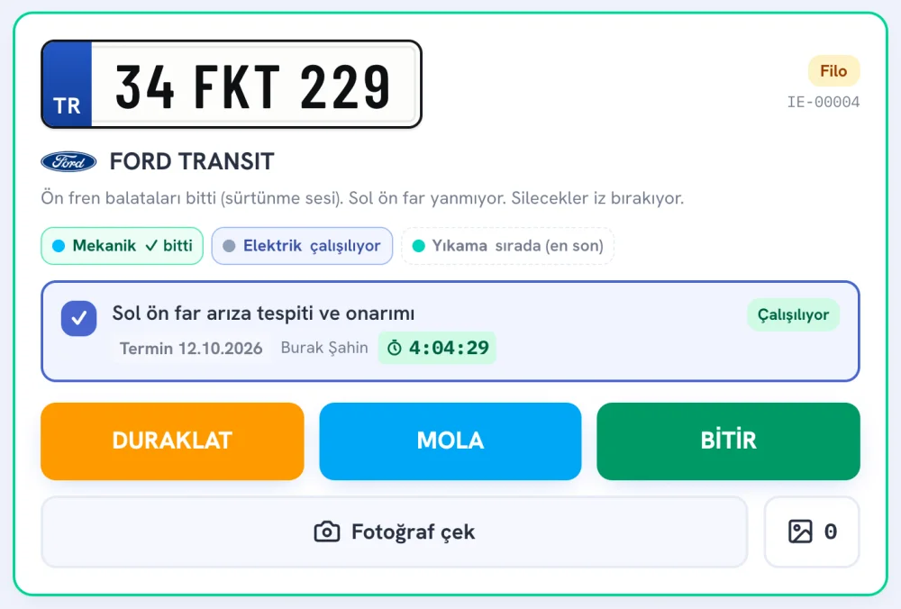 İstasyon tableti: Elektrik istasyonunda çalışan iş, süre sayacı ve Duraklat, Mola, Bitir düğmeleri