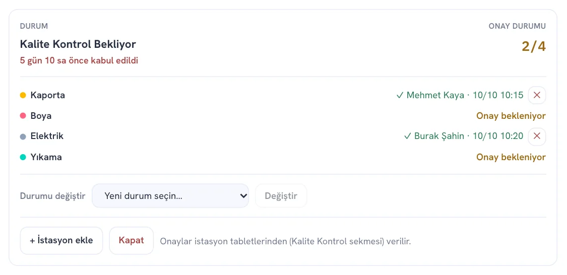 Ofiste iş emri ayrıntısında onay durumu