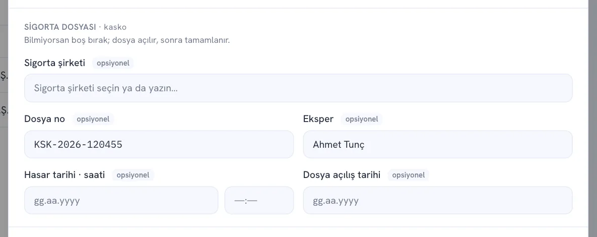Araç kabul formunda sigorta dosyası bölümü