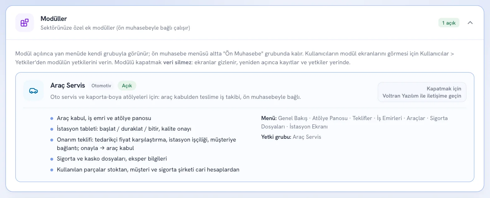 Genel Ayarlar › Modüller kartı