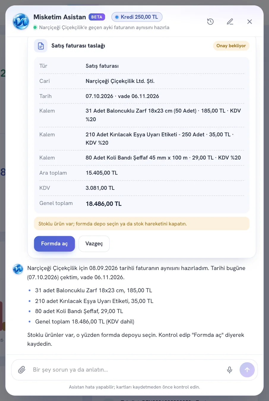 Satış faturası taslağı