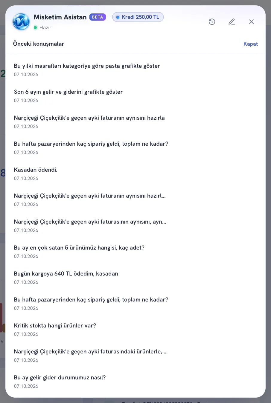 Önceki konuşmalar listesi