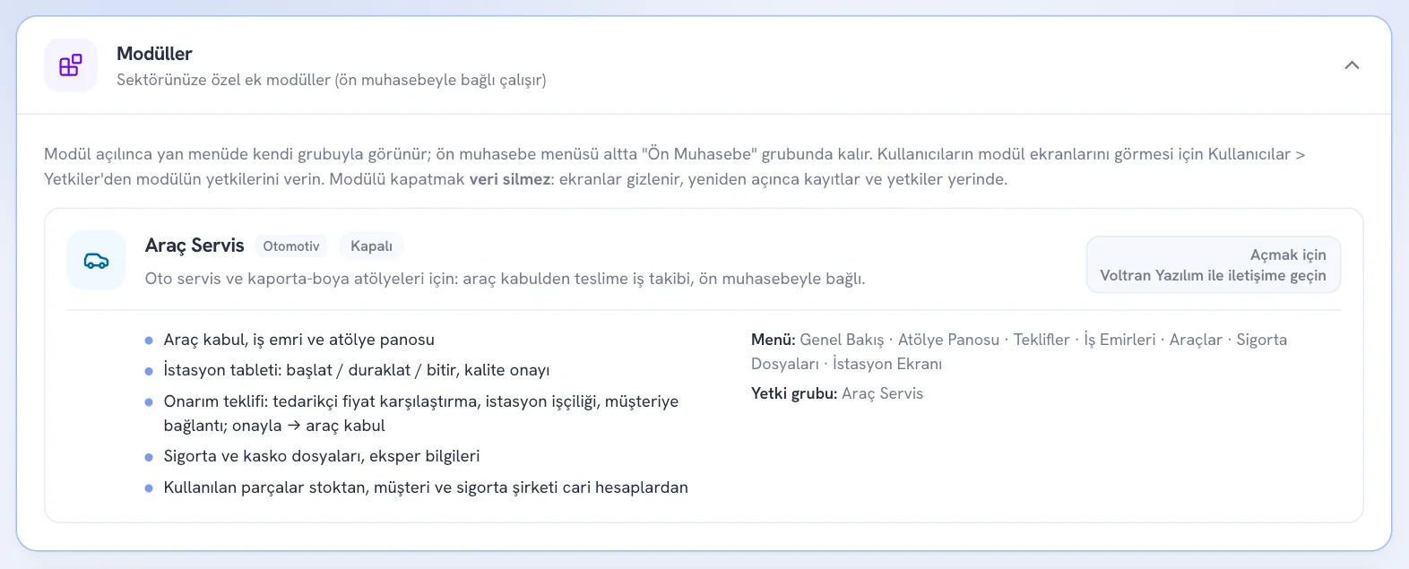 Modüller kartı