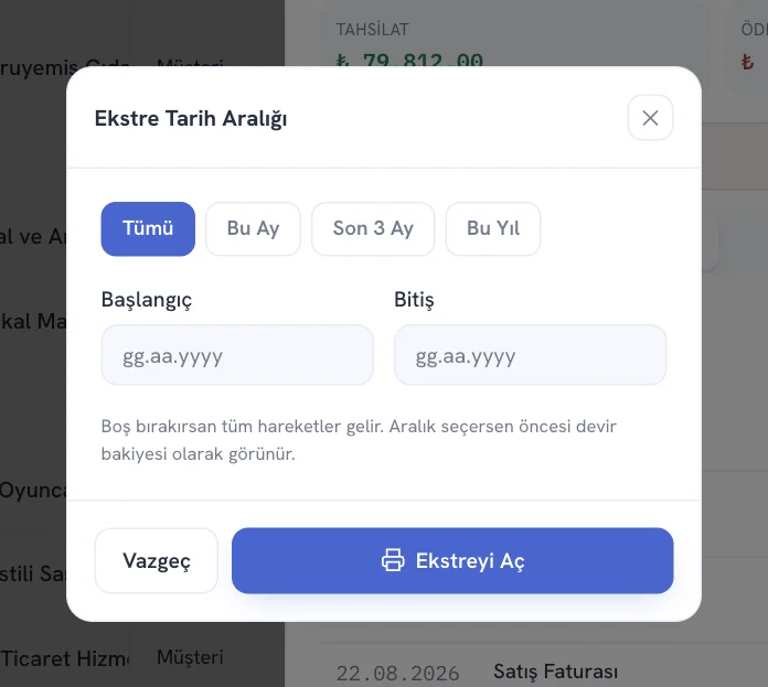 Ekstre tarih aralığı seçimi