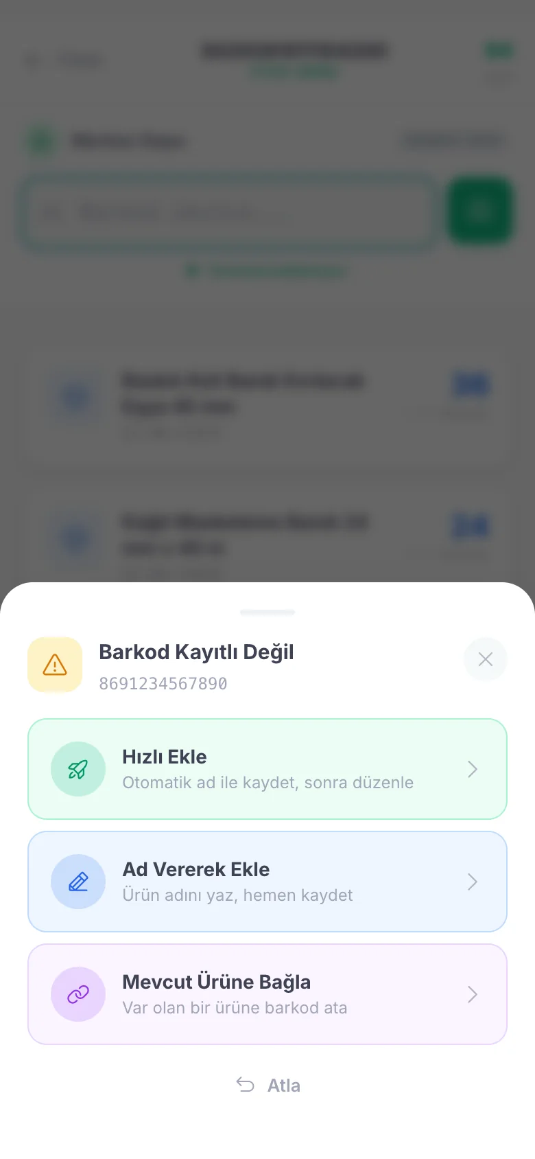 Barkod Kayıtlı Değil penceresi
