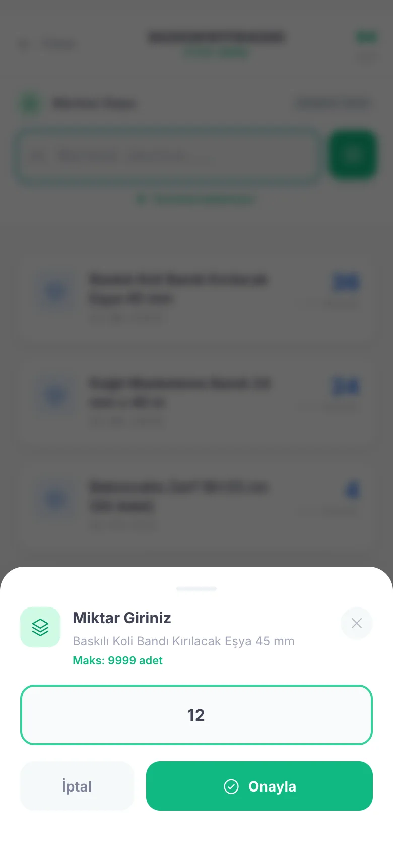 Miktar Giriniz penceresi