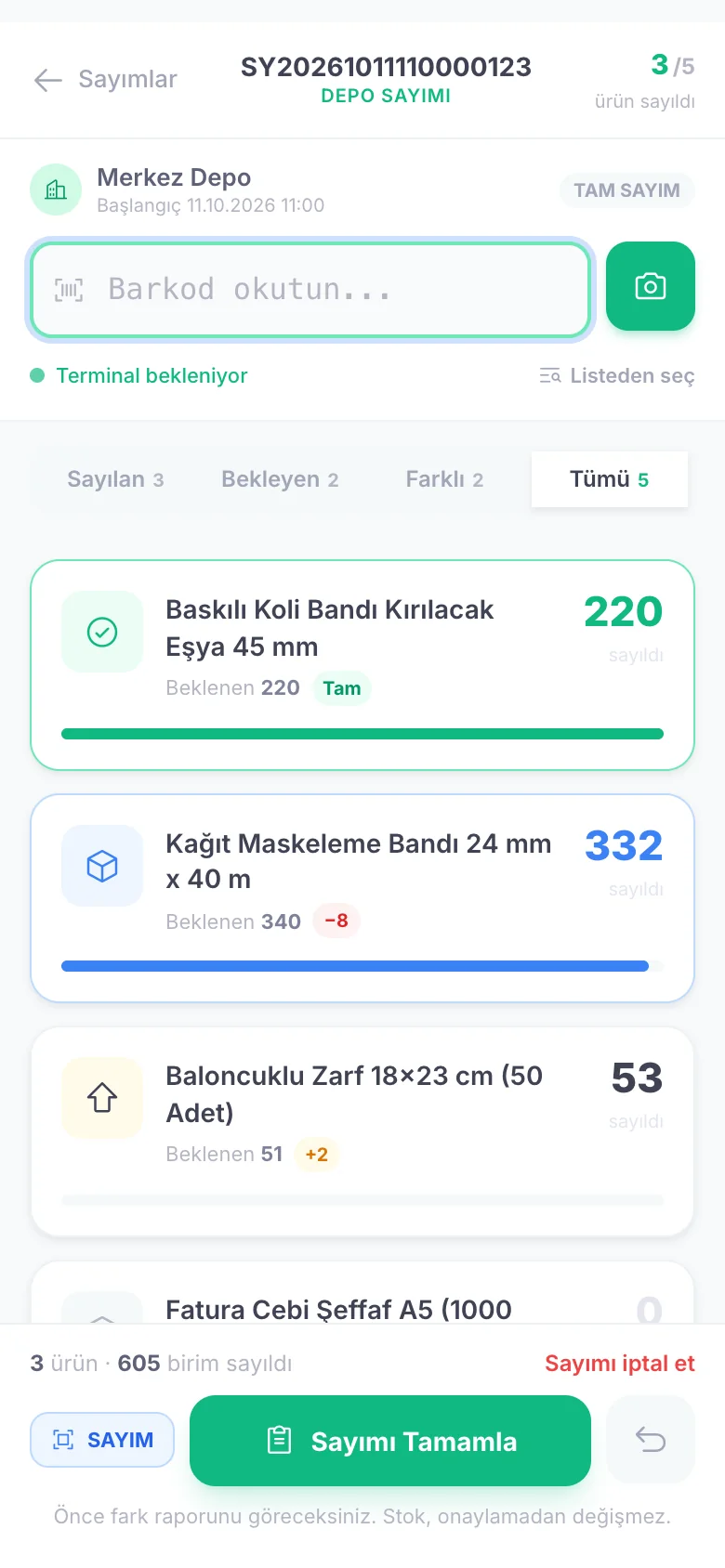 Sayım okutma ekranı