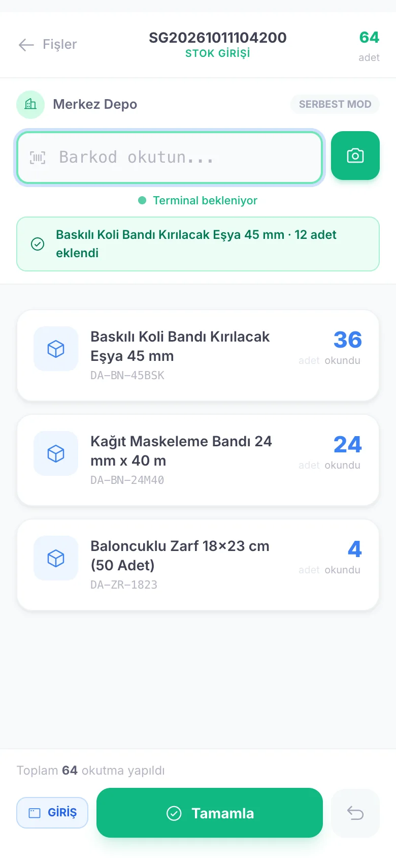 Stok girişi okutma ekranı