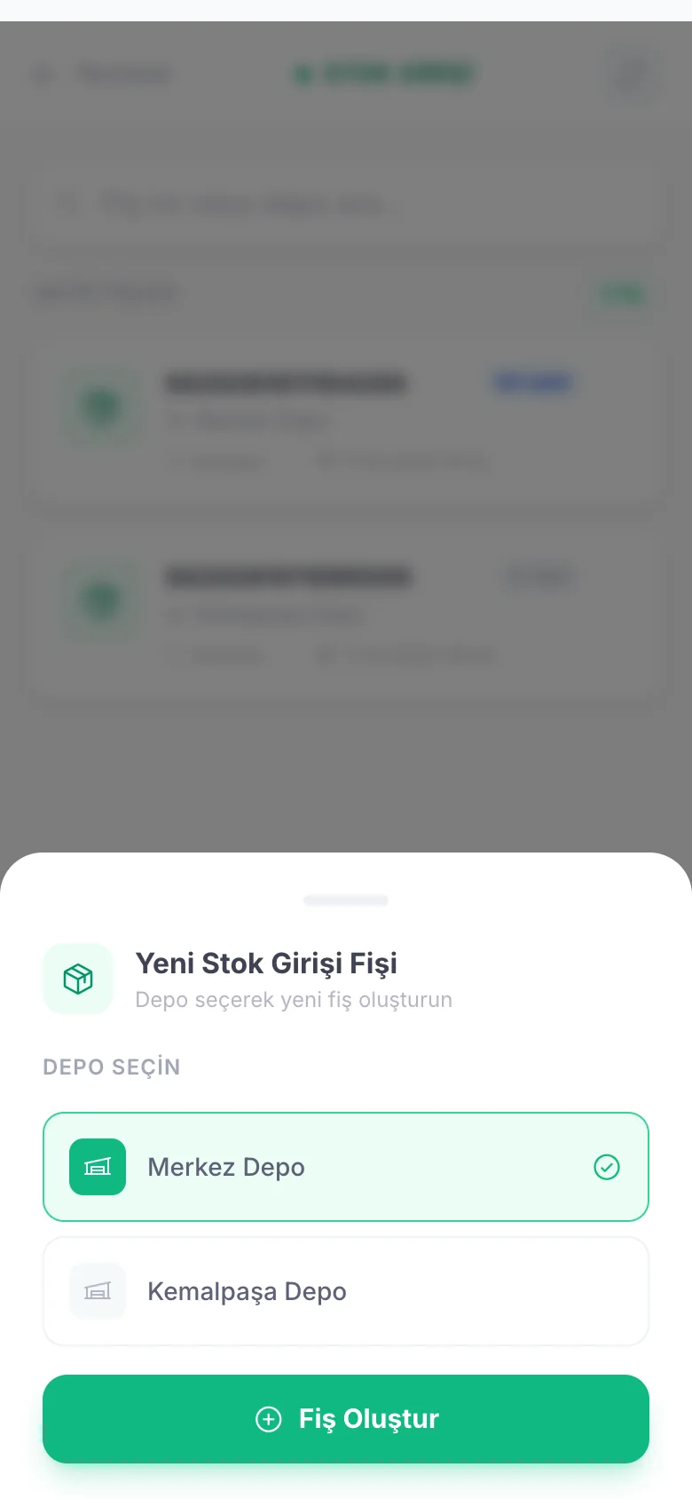 Yeni stok girişi fişi: depo seçimi