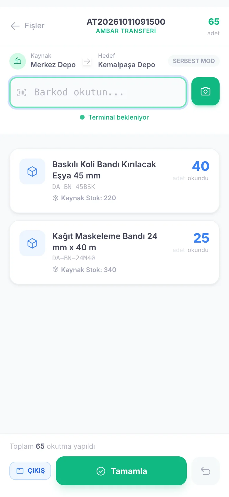 Ambar transferi okutma ekranı