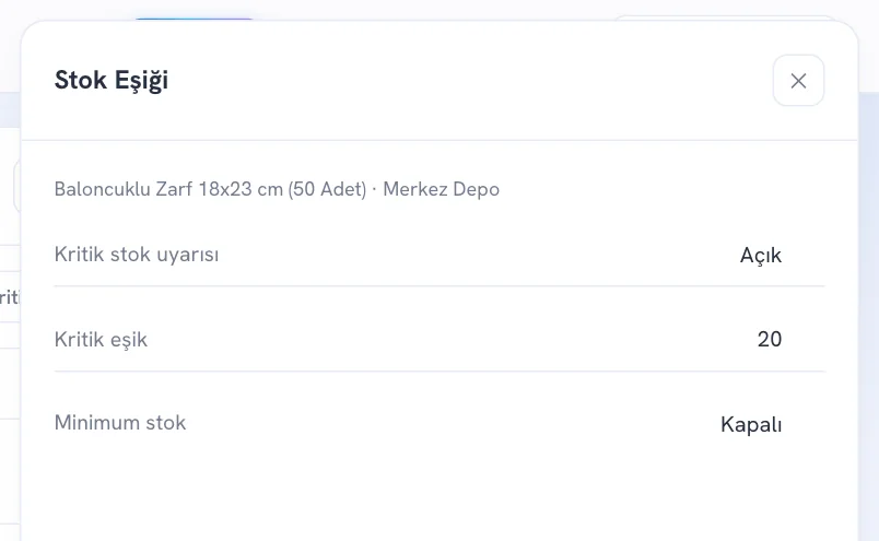 Stok Eşiği penceresi