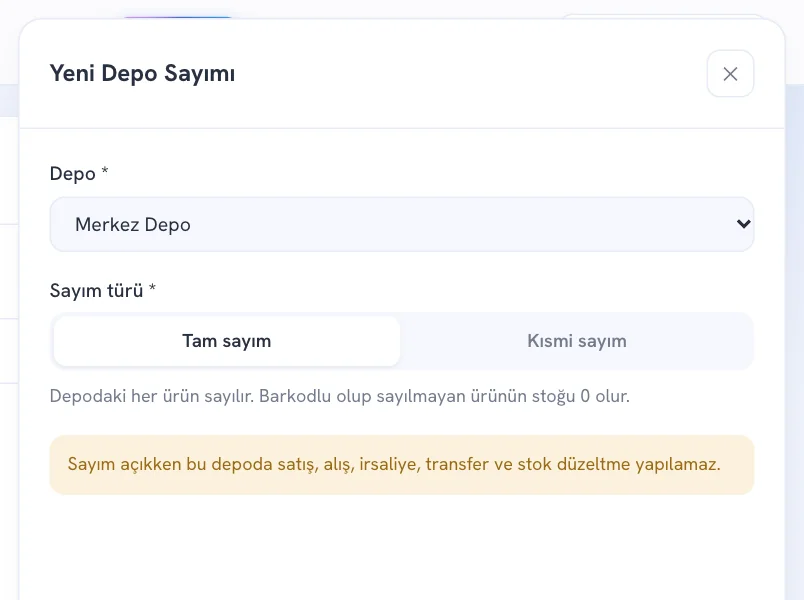 Yeni Depo Sayımı penceresi