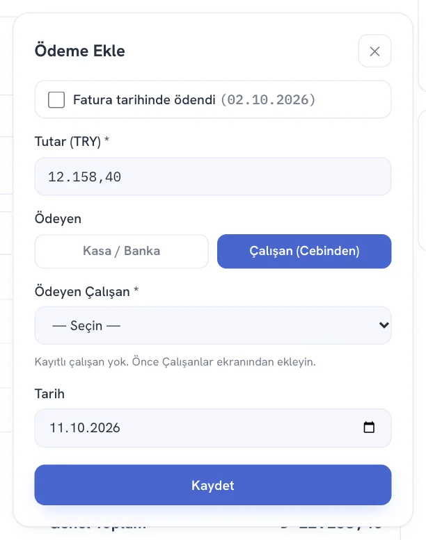 Ödeme Ekle: çalışanın cebinden ödeme