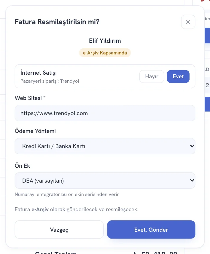 Resmileştir penceresi: e-Arşiv ve internet satışı