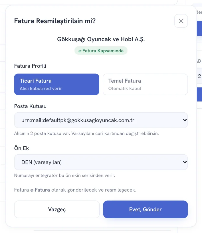 Resmileştir penceresi: e-Fatura
