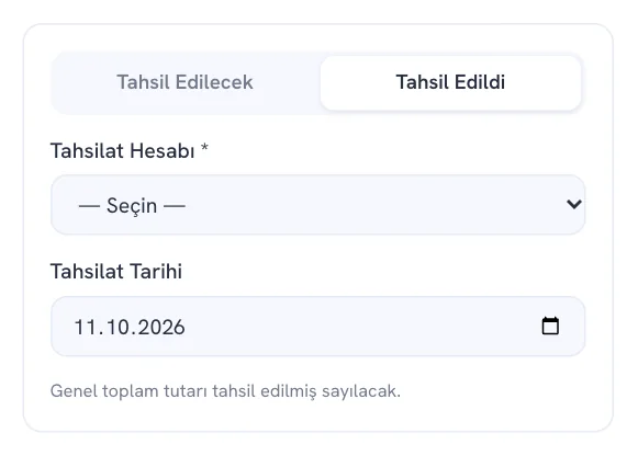 Tahsil Edildi seçeneği