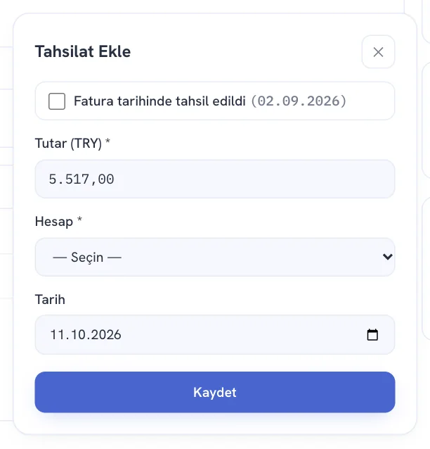 Tahsilat Ekle penceresi