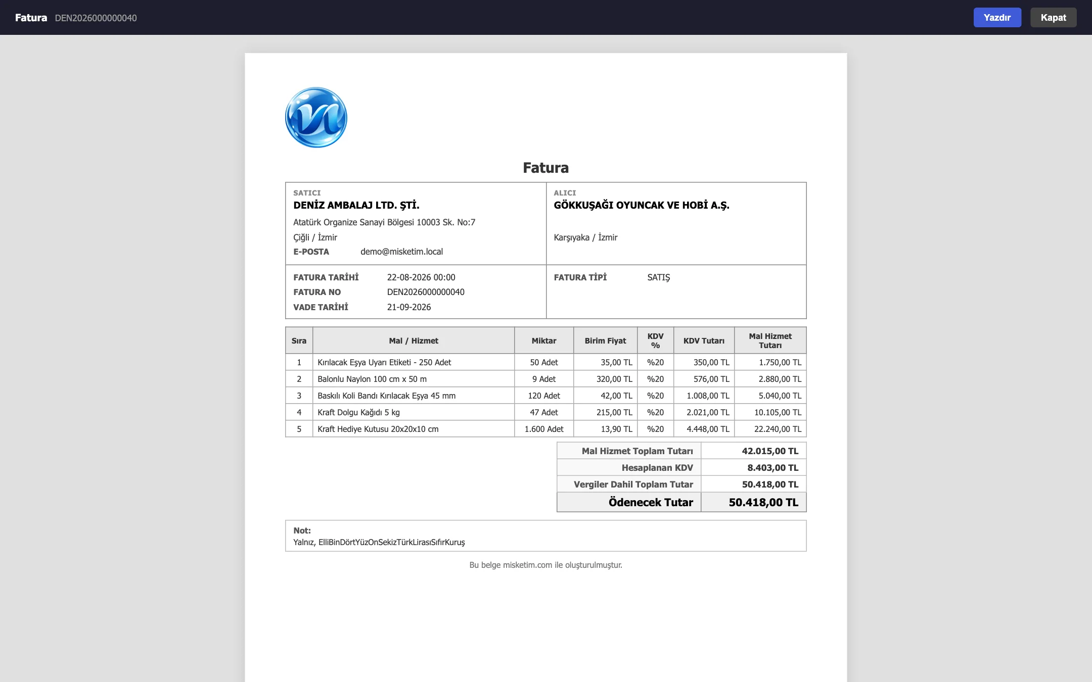 Yazdırılabilir fatura çıktısı