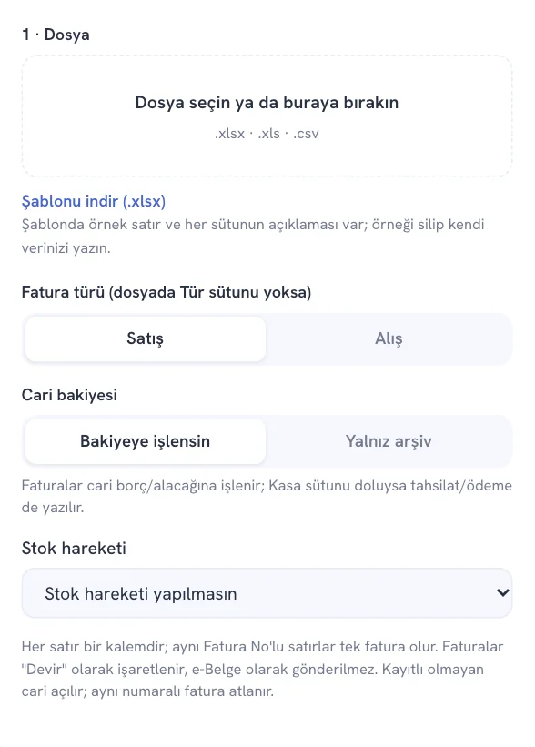 Fatura aktarma seçenekleri