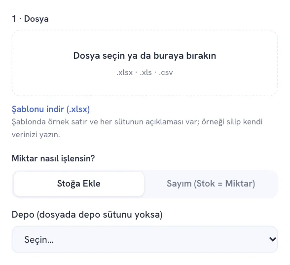 Stok Girişi / Sayım seçenekleri