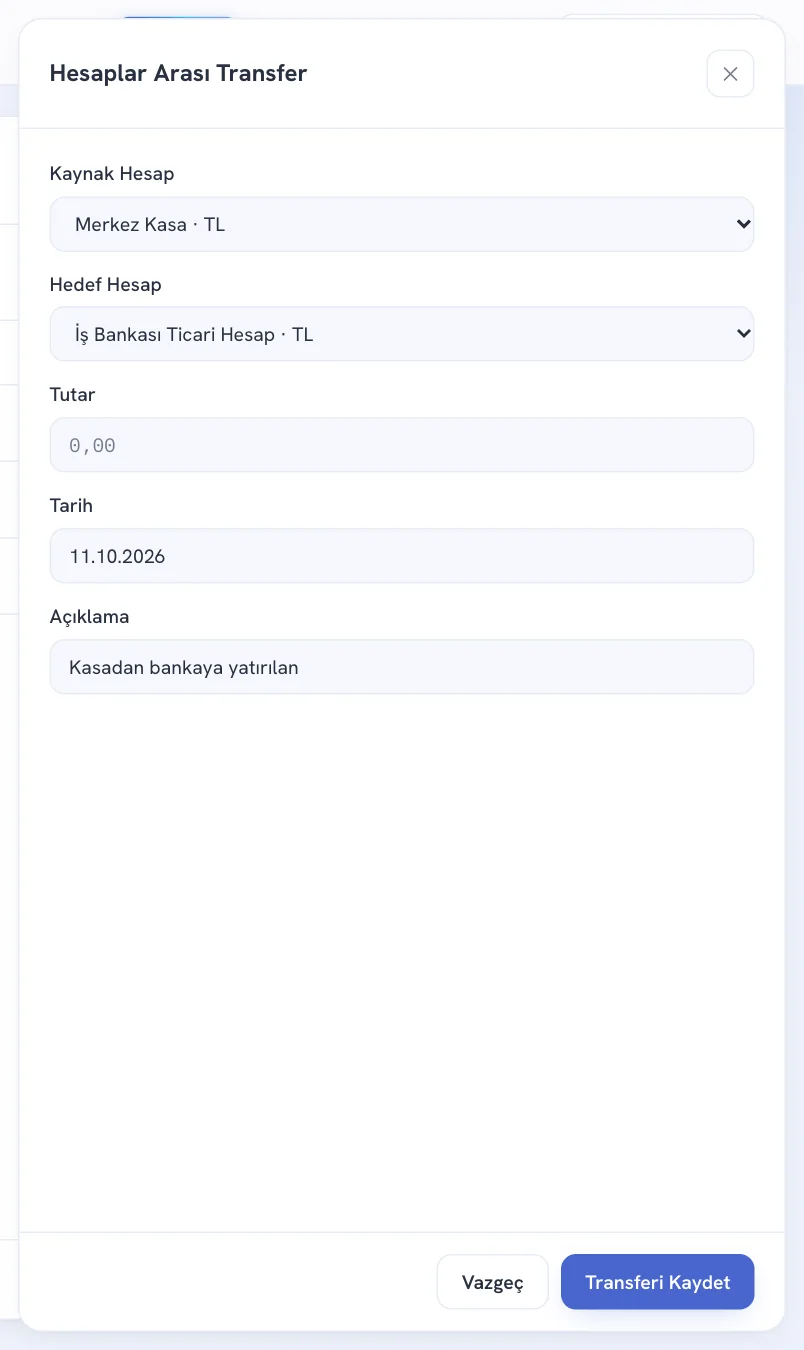 Hesaplar Arası Transfer penceresi