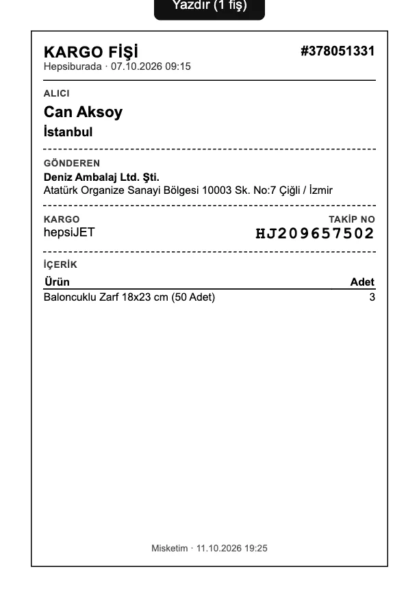 Kargo fişi (100 mm etiket)