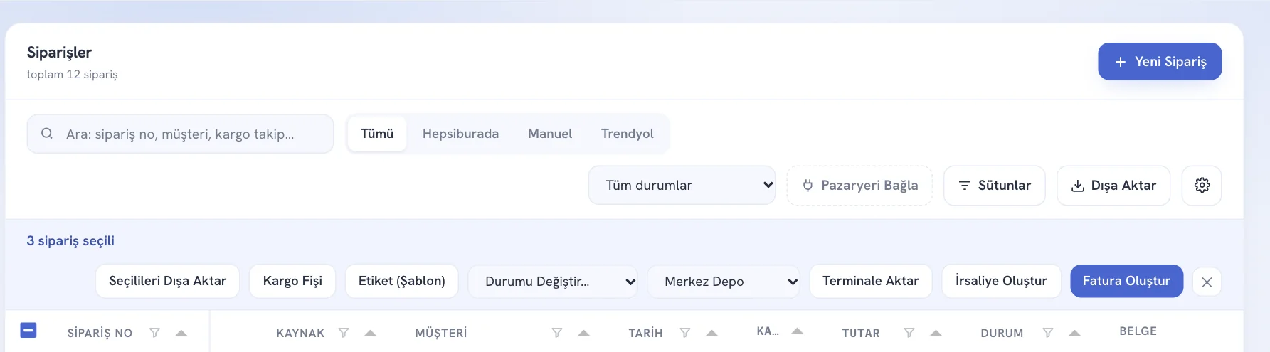 Seçili siparişler için toplu işlem şeridi