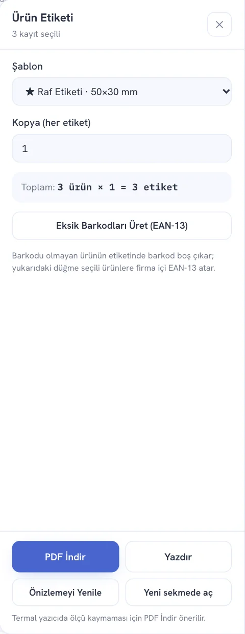 Ürün Etiketi penceresi (ayarlar)