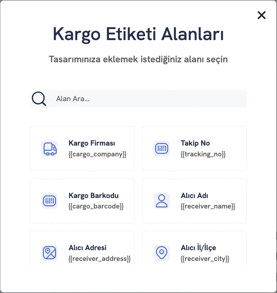 Veri alanları penceresi (kargo etiketi)