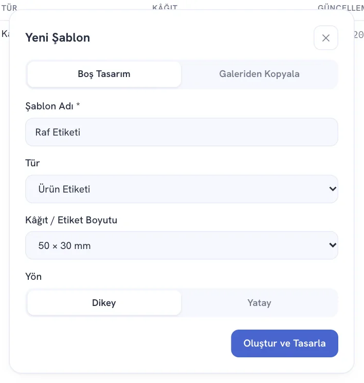 Yeni Şablon penceresi: boş tasarım